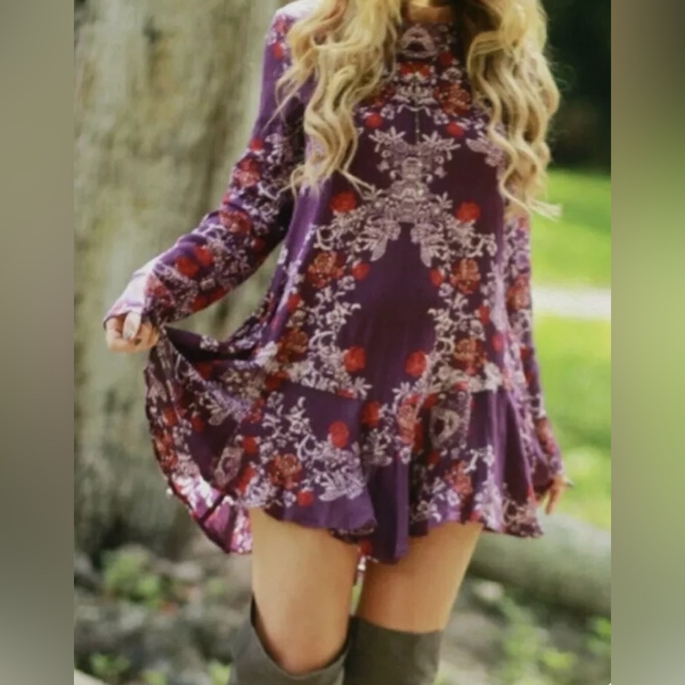 Free People Smooth Talker Plumberry Combo Printed Extra Small Tunic